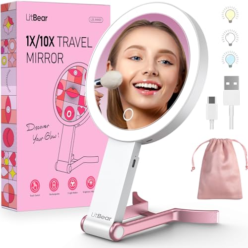 LitBear Travel Makeup Mirror With Lights Rechargeable Double Sided 10X1X Magnifying Portable Lighted Beauty 3 Color Lighting Dimmable Touch Screen Tabletop Handhold Hanging White