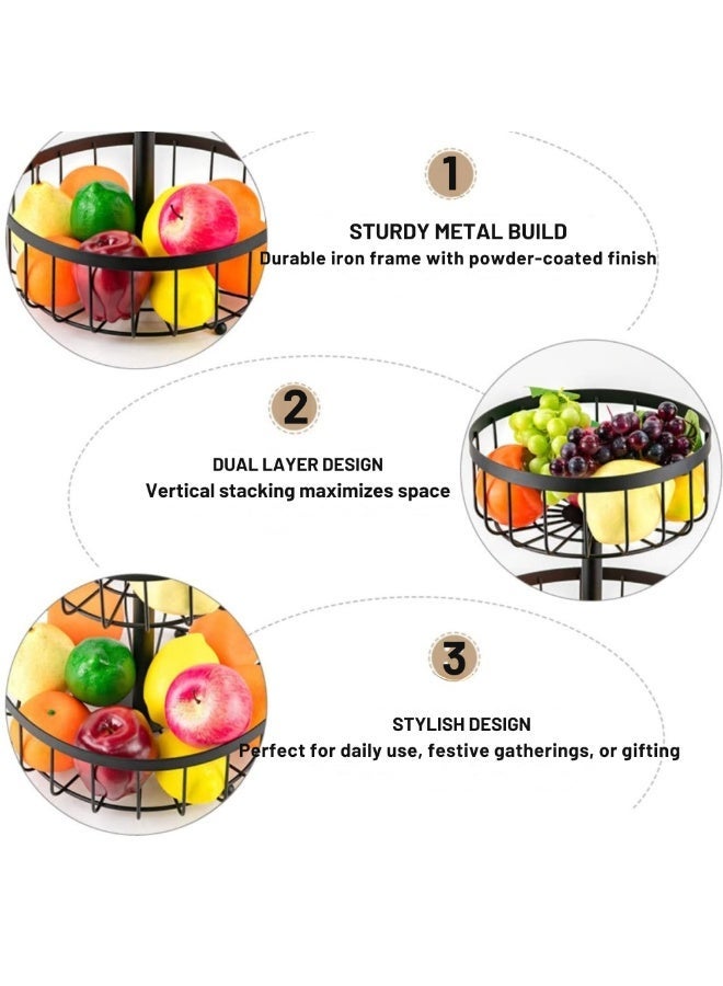 فيو سلة فواكه معدنية على سطح الطاولة مكونة من طبقتين ووعاء فاكهة وسلة خبز وحامل خضراوات منظم ومستويين للتخزين والديكور المنزلي وطاولة المطبخ هدية رائعة باللون الأسود - Image 2
