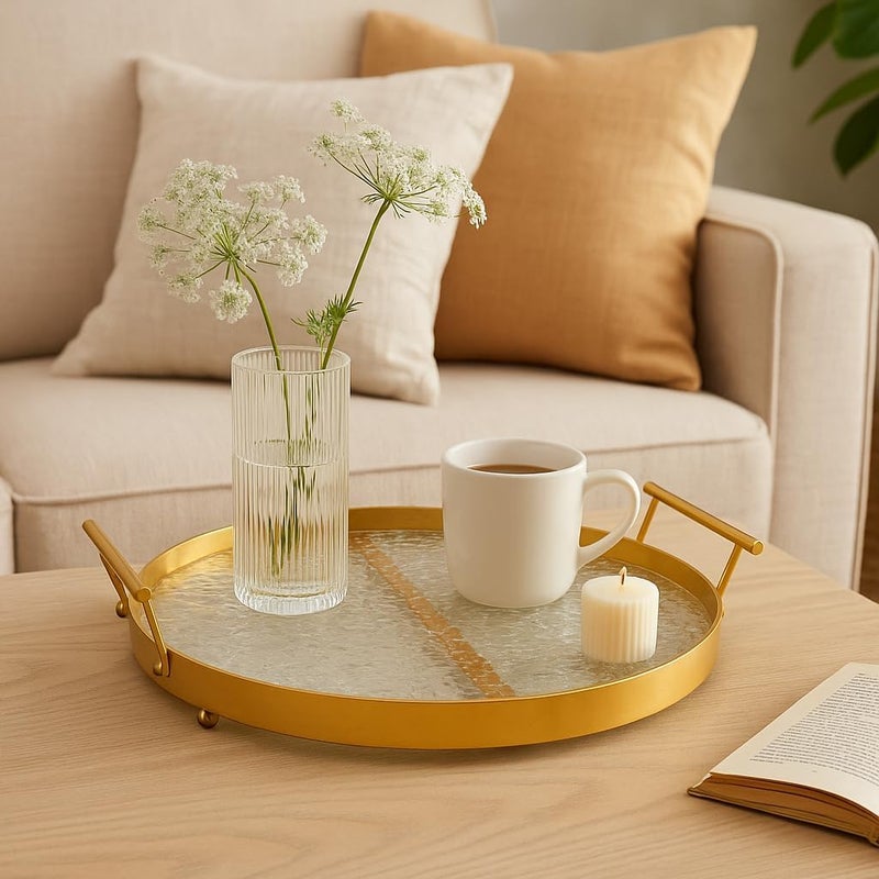 BS صينية زجاجية دائرية مزخرفة من B&S مع مقابض معدنية ذهبية - Image 1