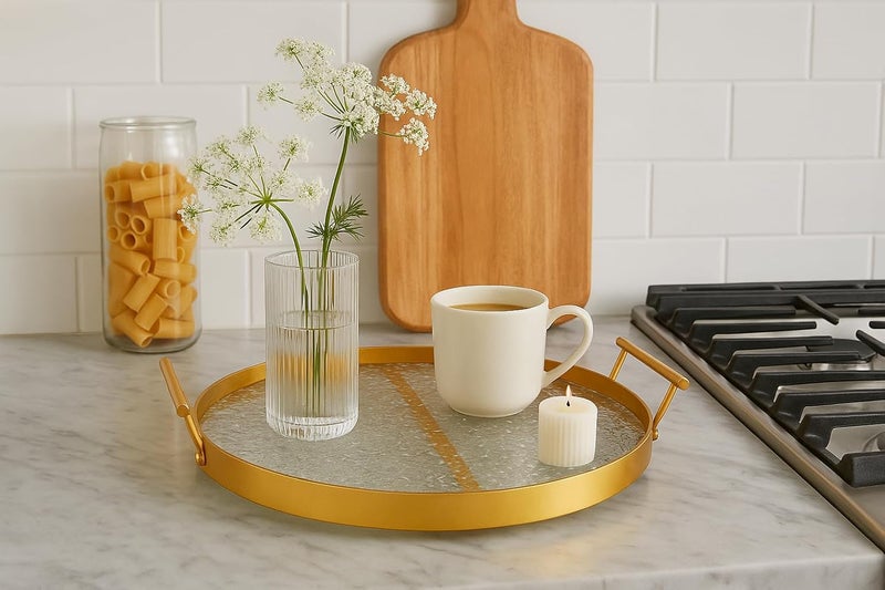 BS صينية زجاجية دائرية مزخرفة من B&S مع مقابض معدنية ذهبية - Image 5