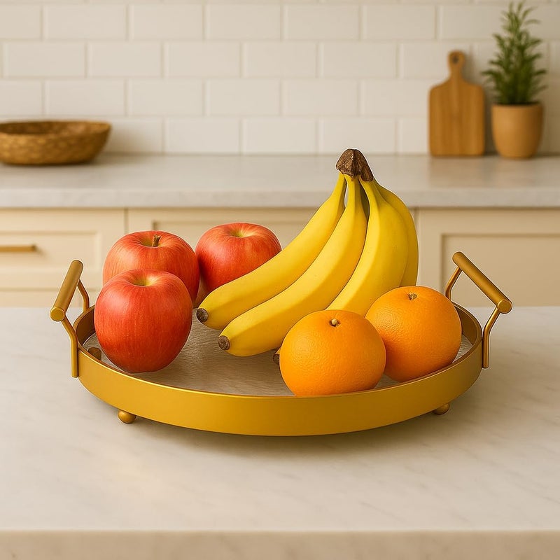 BS صينية زجاجية دائرية مزخرفة من B&S مع مقابض معدنية ذهبية - Image 2