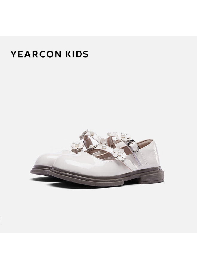 Yearcon Kids School Essential Girls Princess Mary Jane Leather Shoes Black Elegant Little Single Shoes Off-white Size 36