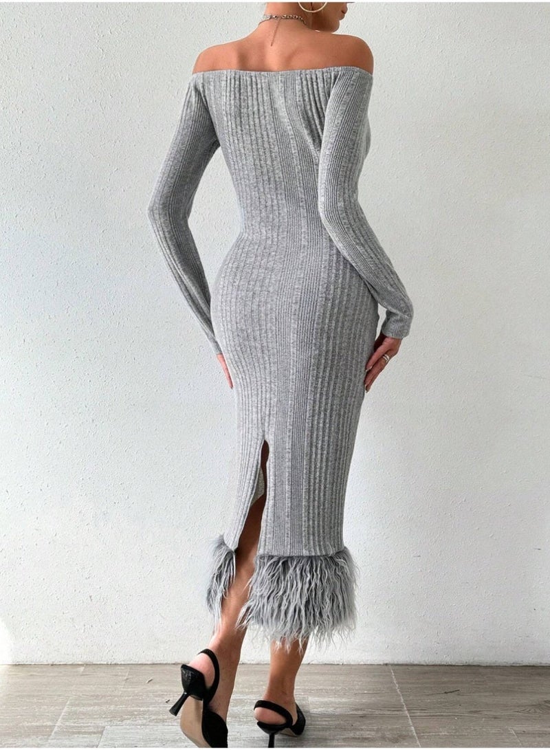 SHEIN Women's Off Shoulder Dress With Furry Hem And Back Slit - Image 5