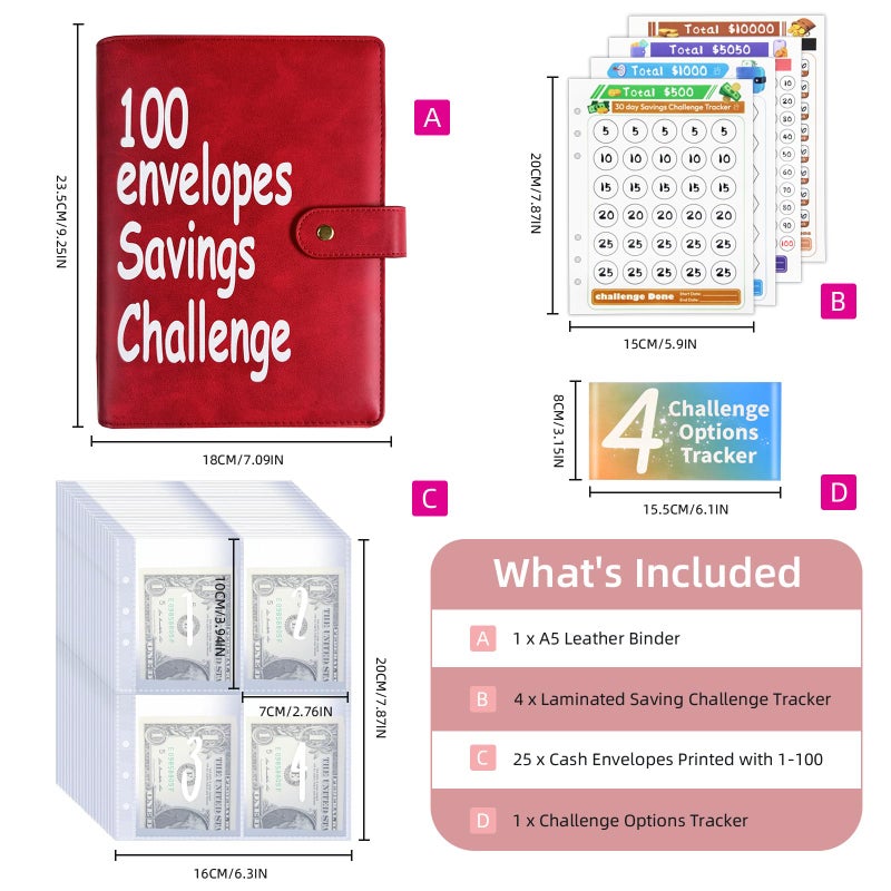 DONBAO 100 Envelopes Money Saving Challenge Binder, Fun and Easy Savings System to Save $5,050, $10,000, $500, $1,000, A5 Budget Binder Planner Book Tracker with Cash Envelopes, Guide (Red) - Image 2
