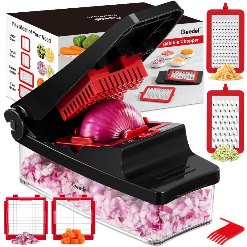 Geedel Vegetable Chopper, Onion Chopper Pro Food Chopper, Kitchen Vegetable Slicer Dicer Cutter Grater, Veggie Chopper with container for Salad Onion Potato Carrot (4 in 1, Red) - Image 1