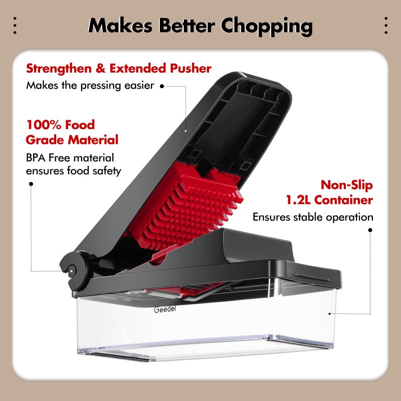 Geedel Vegetable Chopper, Onion Chopper Pro Food Chopper, Kitchen Vegetable Slicer Dicer Cutter Grater, Veggie Chopper with container for Salad Onion Potato Carrot (4 in 1, Red) - Image 2