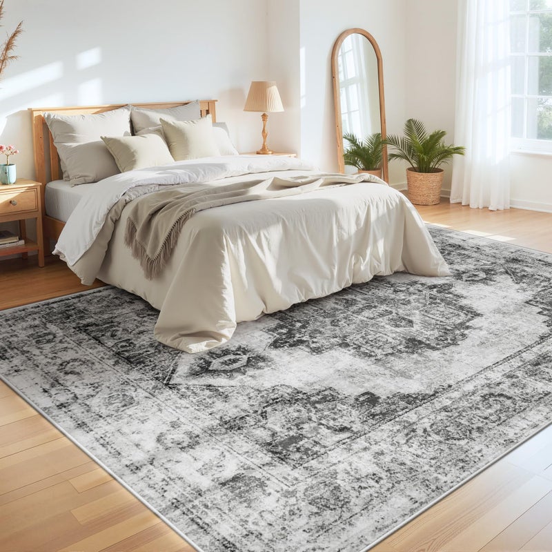 Zomfy Area Rug 8x10 Vintage Rugs: Large Washable Indoor Medallion Rug Low Pile Distressed Floor Carpet Retro Accent Rugs for Living Room Bedroom Kitchen Dining Table Home Office(Black, 8'x10') - Image 4