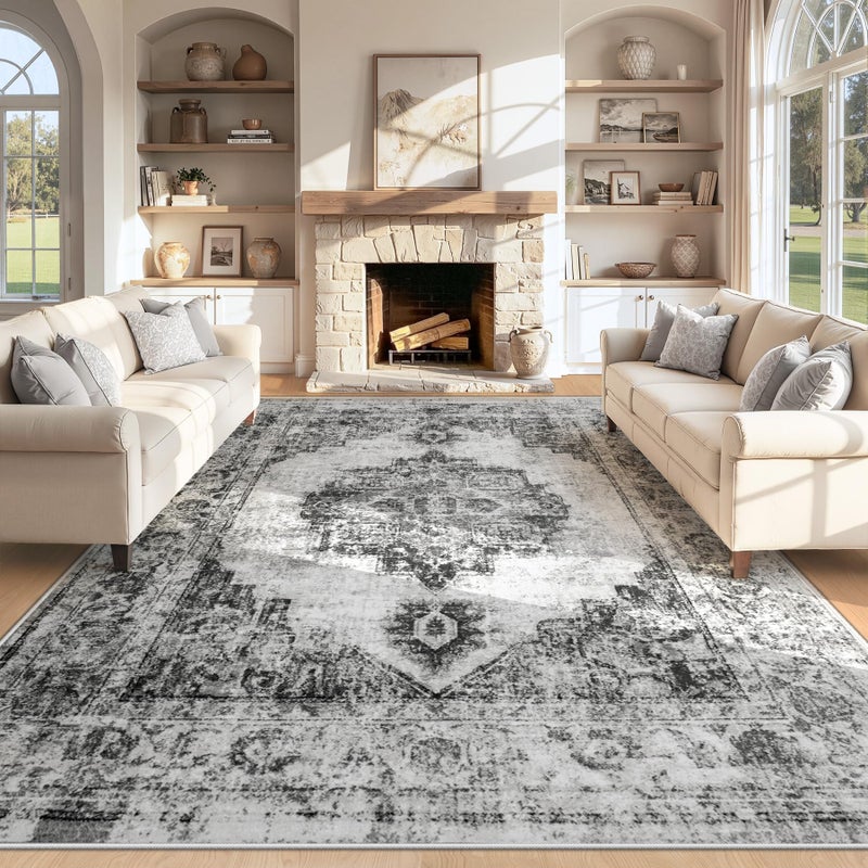 Zomfy Area Rug 8x10 Vintage Rugs: Large Washable Indoor Medallion Rug Low Pile Distressed Floor Carpet Retro Accent Rugs for Living Room Bedroom Kitchen Dining Table Home Office(Black, 8'x10') - Image 1