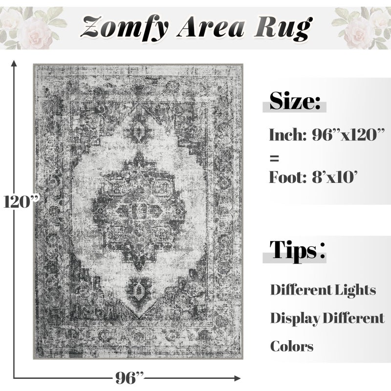 Zomfy Area Rug 8x10 Vintage Rugs: Large Washable Indoor Medallion Rug Low Pile Distressed Floor Carpet Retro Accent Rugs for Living Room Bedroom Kitchen Dining Table Home Office(Black, 8'x10') - Image 2
