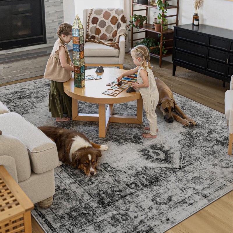 Zomfy Area Rug 8x10 Vintage Rugs: Large Washable Indoor Medallion Rug Low Pile Distressed Floor Carpet Retro Accent Rugs for Living Room Bedroom Kitchen Dining Table Home Office(Black, 8'x10') - Image 5