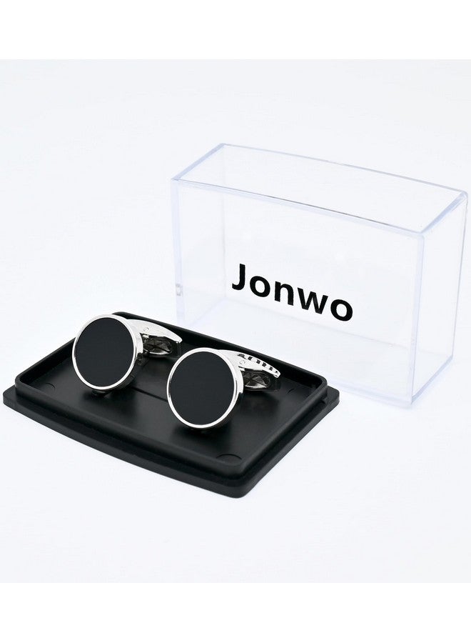 Jonwo Classic Round Black Cufflinks For Men Lady Dress In Gift Case Round Silver Men'S Cufflinks Jewelry Set For Wedding Anniversary Business Party Events Tuxedo French Shirt - Image 5