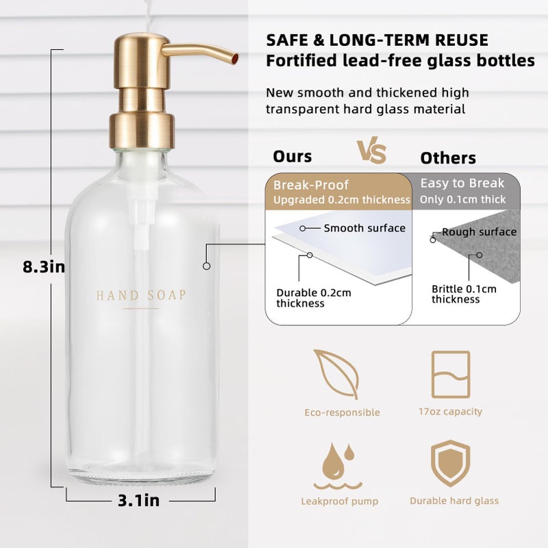 eggs sound Glass Soap Dispenser - Dish Soap Dispenser For Kitchen And Hand Soap Dispenser Set  Bathroom Soap Dispenser With 304 Rust Proof Pump  Soap Dispenser For Kitchen With Tray  Clear Bottle/Gold Pump - Image 3