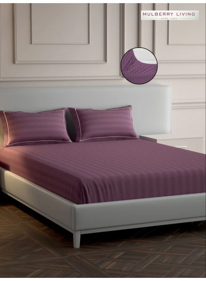 MULBERRY LIVING 100% Cotton - 300Tc Elysian Stripes King Size (180X200 Cms) Fitted Bedsheet With 2 Pillow Covers (50X75 Cm) - Plum