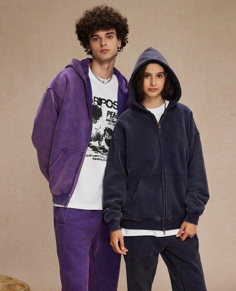 KEEPSHOWING Womens and Mens Zip Up Hoodies Long Sleeve Fall Oversized Sweatshirts Acid Wash Y2K Jacket with Pockets(Purple L) - Image 3