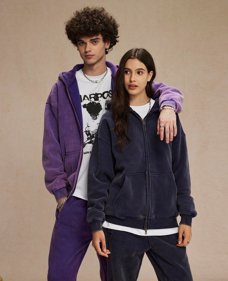 KEEPSHOWING Womens and Mens Zip Up Hoodies Long Sleeve Fall Oversized Sweatshirts Acid Wash Y2K Jacket with Pockets(Purple L) - Image 2