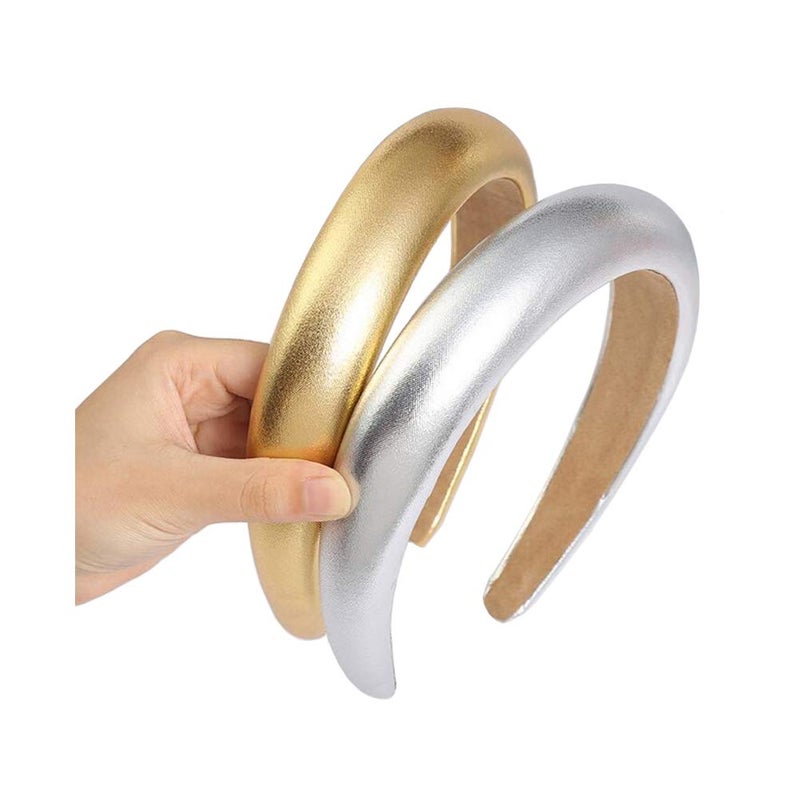 Hairband 2Pcs Vintage Leather Padded Headbands Puffy Sponge Hairbands Wide Brim Headwear Hair Hoop Hair Ties Hair Accessories for Women Ladies Girls Gold and Silver