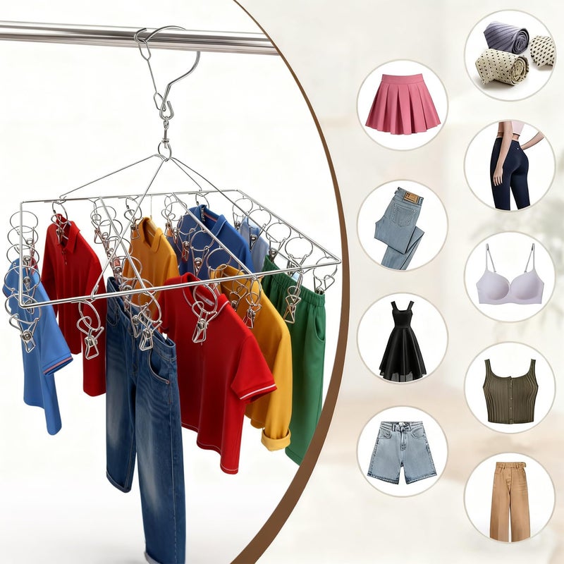DARUITE Sock Hanger for Washing Line, 30 Clips Underwear Dryer with Pegs,Stainless Steel Clothespins Drip Hanger,Metal Laundry Drying Rack for Socks,Diapers,Tank Tops and Underwear(1 Packs) Durability enhanced - Image 5