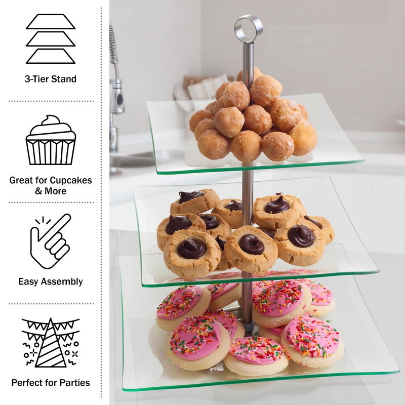 Chef Buddy Home Dess Chef Buddy Three Tier Square Glass Buffet and Dessert Stand, 1 Pack, Clear - Image 3