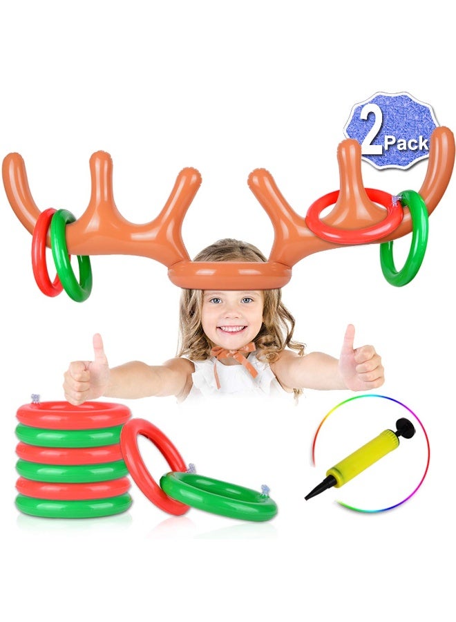 Chielor 2 Set Inflatable Reindeer Ring Toss Game (2 Reindeer Antler Hat with 12 Ring Toss, 2 Red Reindeer Nose, 1 Hand-held Pump) Fun Xmas Gifts Carnival Holiday Party Games for Family - Image 1