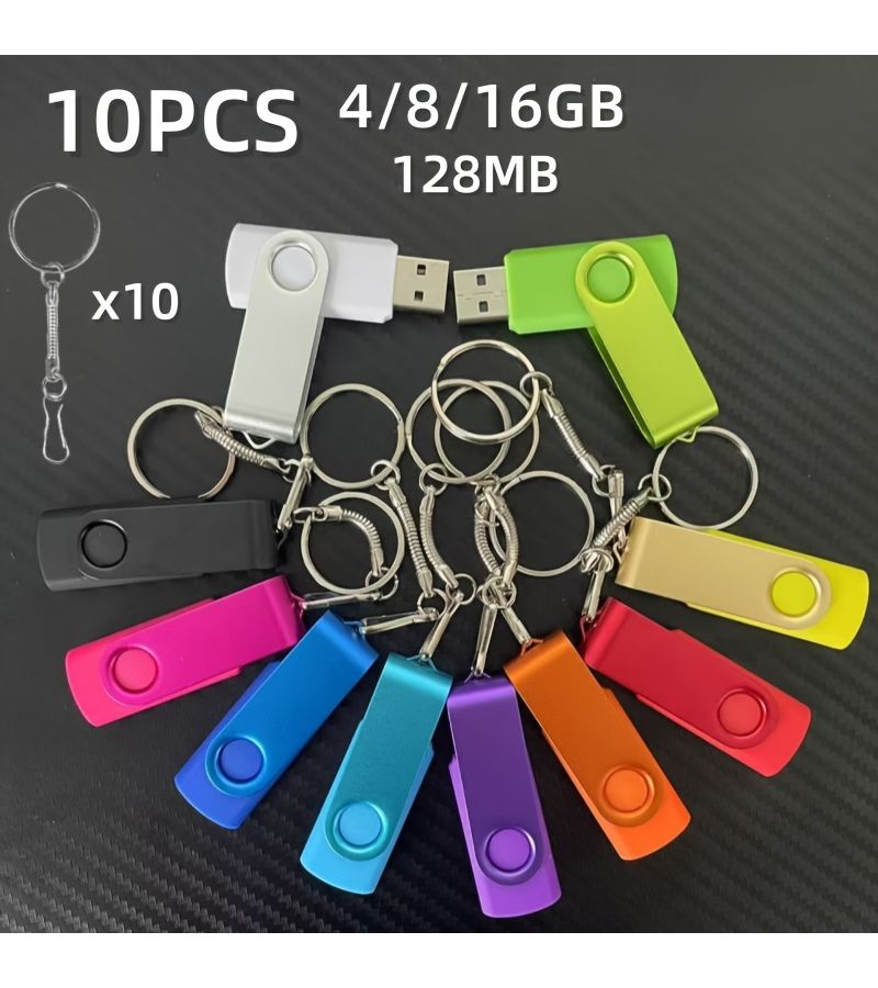 10pcs 128MB Colorful Metal Rotatable USB Flash Drive High Speed Memory Stick Pendrive Portable External Storage Free Key Chain Business Gift - Image 1