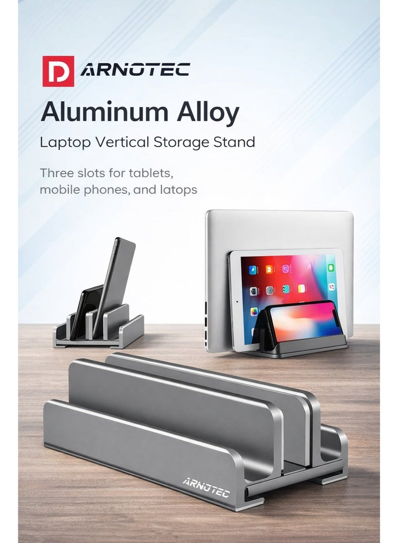 ARNOTEC حامل لابتوب عمودي قابل للتعديل بـ 3 فتحات – منظم مكتب من الألمنيوم لجهاز ماك بوك، والأجهزة اللوحية والهواتف – حامل موفر للمساحة مع سيليكون غير قابل للانزلاق، عرض قابل للتعديل، توافق عالمي - Image 1