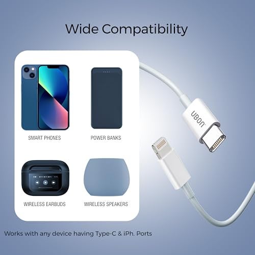 UBON OG Series WR72 Type C to iPhn Cable 1mtr Fast Charging Premium Cable | 5000+ Bend Test for Smartphones,Tablets,Laptops | 480Mbps Data Sync (White) - Image 4
