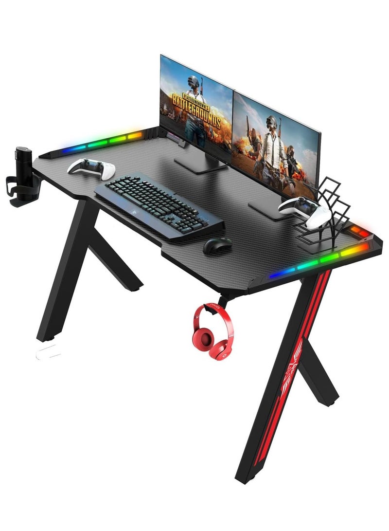 Generic Home Office Desk Ergonomic Gaming Desk with RGB LED Lights Computer Gamer Table with Carbon Fiber Desktop and Cup Holder & Hedphone Hook (120cm x 60cm x 74cm)  - Image 1