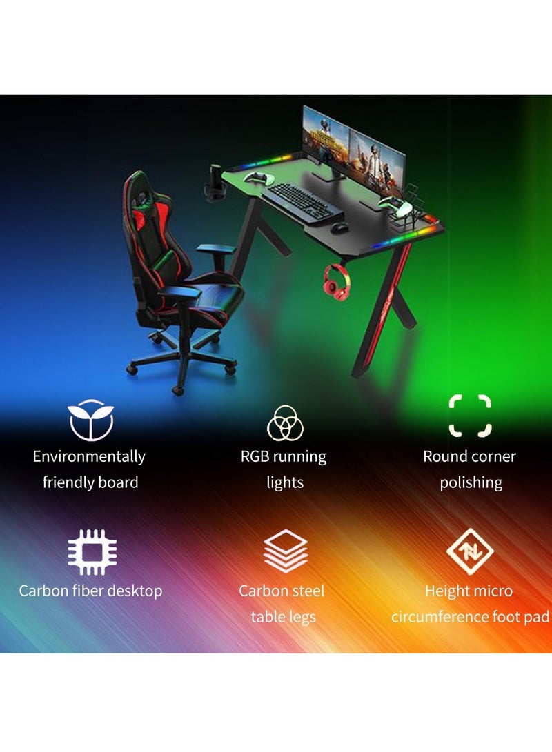Generic Home Office Desk Ergonomic Gaming Desk with RGB LED Lights Computer Gamer Table with Carbon Fiber Desktop and Cup Holder & Hedphone Hook (120cm x 60cm x 74cm)  - Image 5