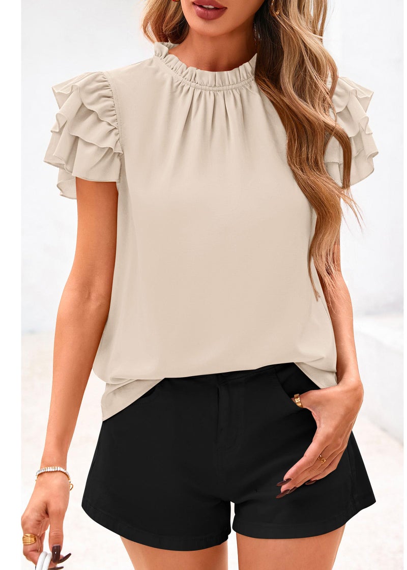 KIRUNDO Blouses for Women Dressy Casual 2026 Spring Summer Ruffle Short Sleeve Mock Neck Work Shirts Tops Fashion Clothing(Beige, XX-Large) - Image 4