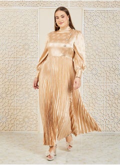 Styli Satin Jacquard Print Accordion Pleats A-Line Maxi Dress  - Image 1