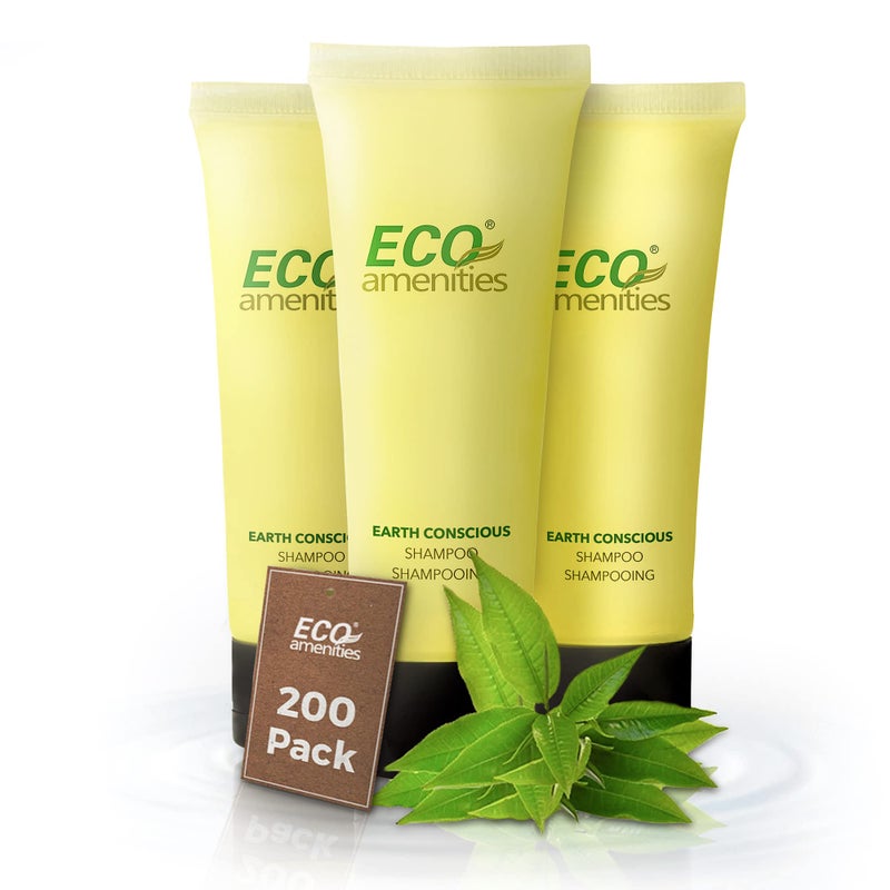 ECO amenities Travel Size Shampoo  200 PACK 30mL 1 oz Hotel Shampoo Supplies for Guests  Green Tea Scent with Flip Cap and Biodegradable Clear Container
