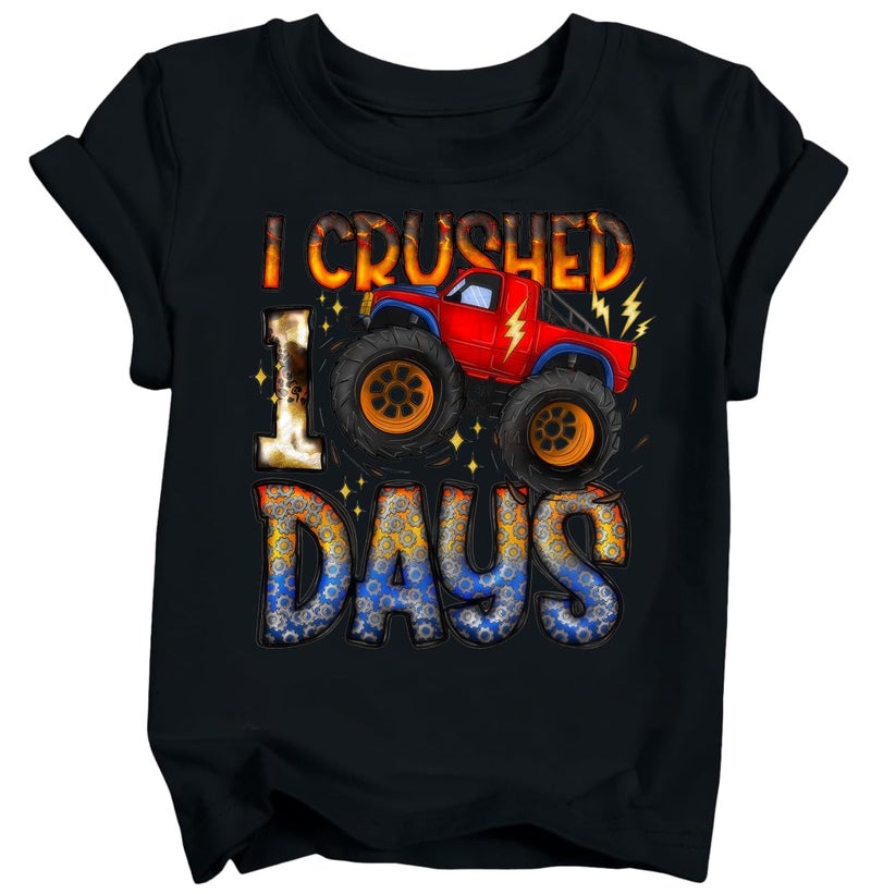 YWAGK 100 Days of School Shirt Boys Kids I Crushed 100th Day of School T-Shirt Toddler Cute Monster Truck Tops Black (4-5 Years) - Image 1
