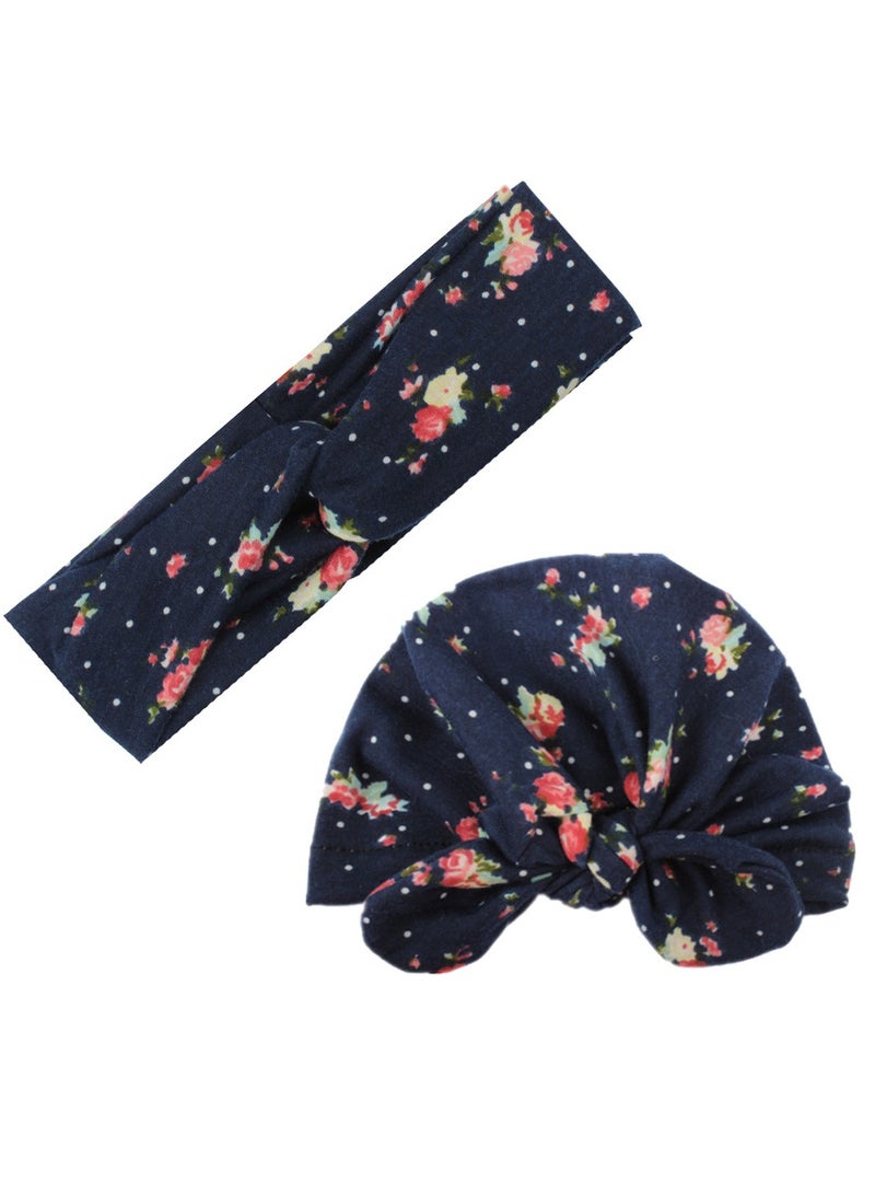 1 Set Flower Printed Parent-Child Headwear, Mom Headband and Child Beanie Infant Caps, Dark Blue  - Image 1