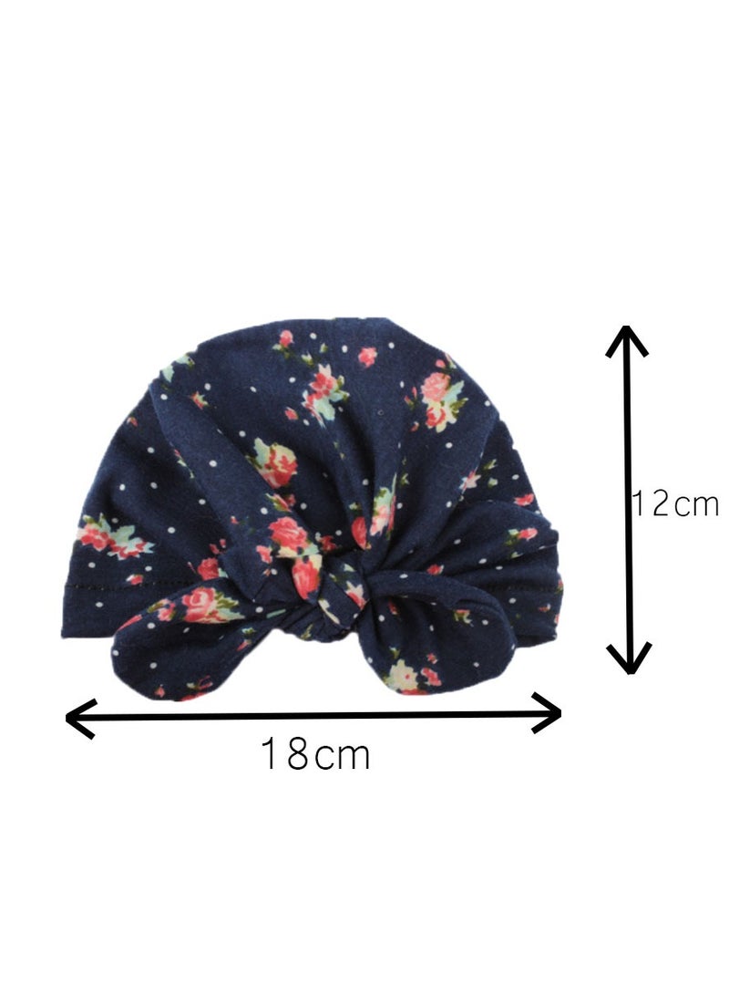 1 Set Flower Printed Parent-Child Headwear, Mom Headband and Child Beanie Infant Caps, Dark Blue  - Image 2