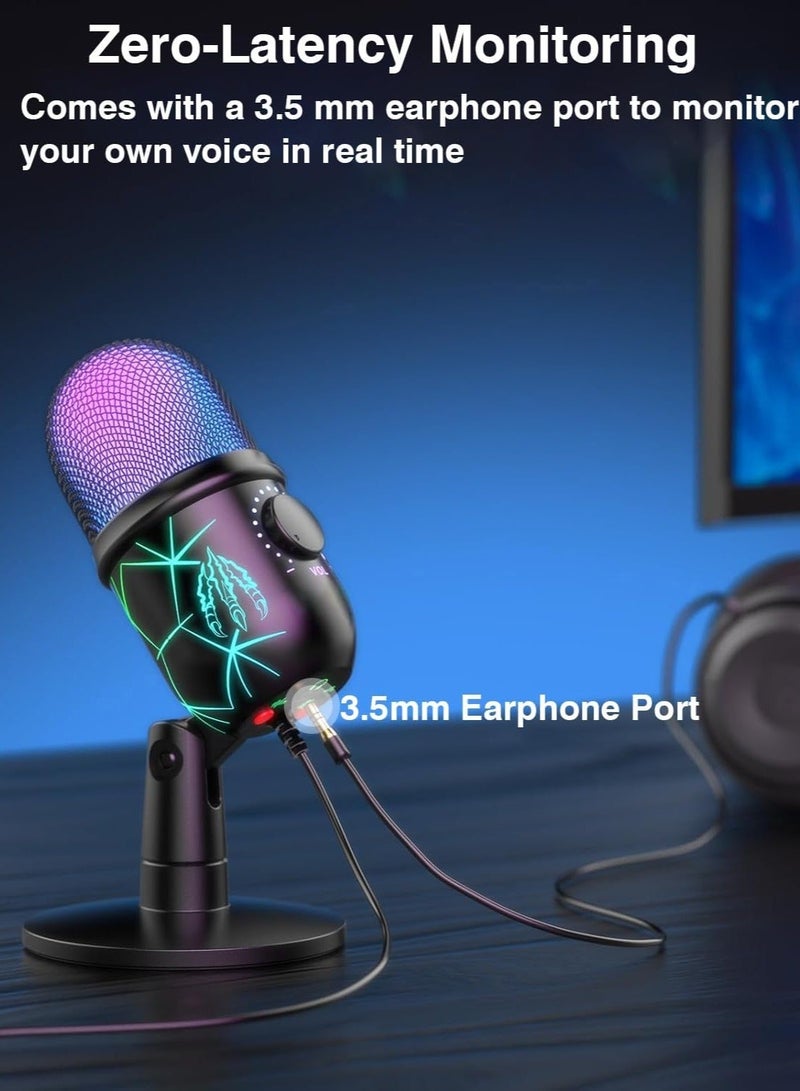 USB Microphone, Plug and Play Gaming Mic for PC, Mac, PS4/5, Podcast Microphone with RGB, Mute, Monitor, Noise Reduction, Volume Gain, Great for Recording, Streaming - Image 4
