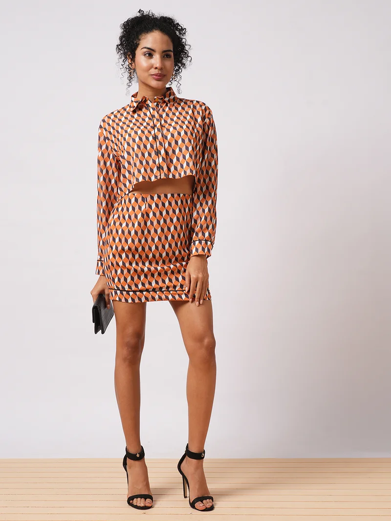 globus Women Printed Long Sleeves Crop Shirt With Skirt