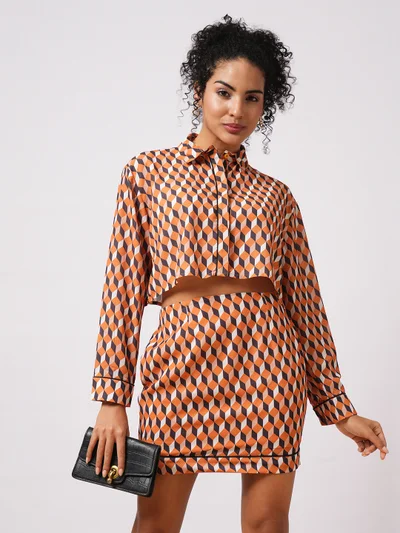 globus Women Printed Long Sleeves Crop Shirt With Skirt