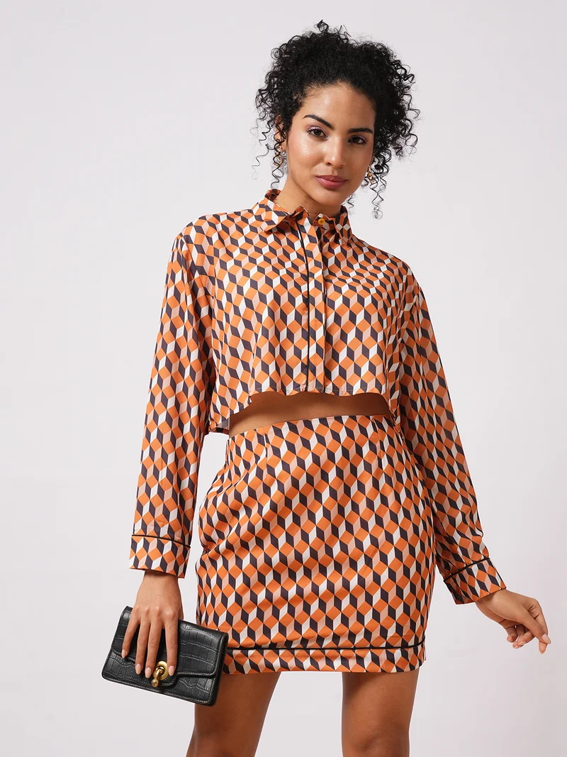 globus Women Printed Long Sleeves Crop Shirt With Skirt