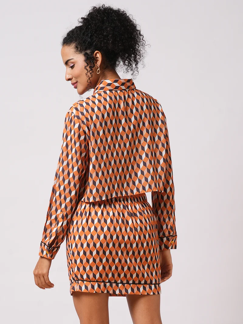 globus Women Printed Long Sleeves Crop Shirt With Skirt