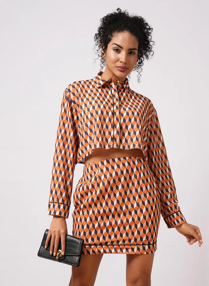 Globus Women Printed Long Sleeves Crop Shirt With Skirt