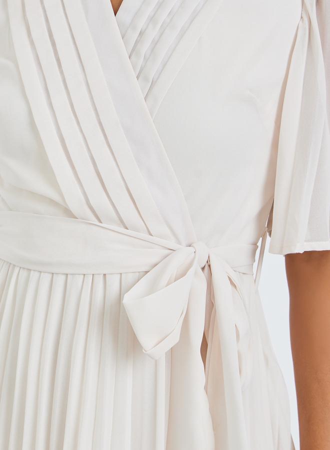 Styli Cream Pleated Midi Dress with Tie-Belt - Image 4