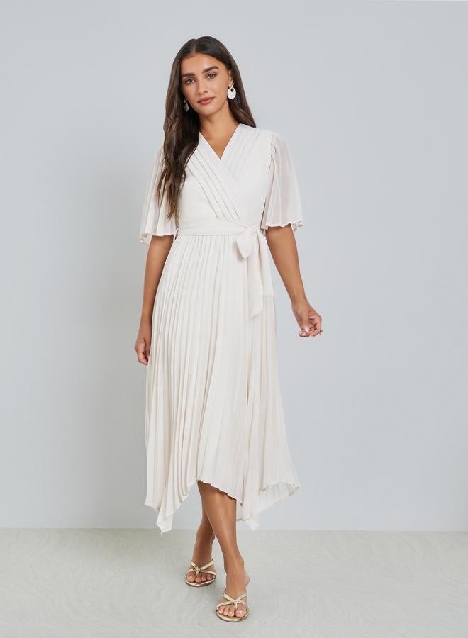 Styli Cream Pleated Midi Dress with Tie-Belt - Image 1