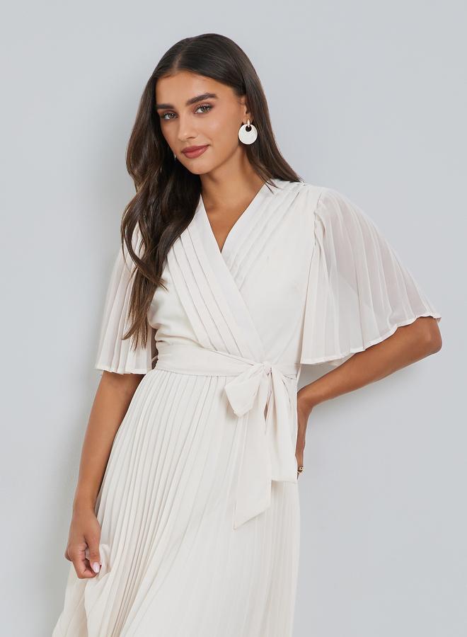 Styli Cream Pleated Midi Dress with Tie-Belt - Image 2
