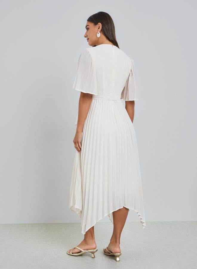 Styli Cream Pleated Midi Dress with Tie-Belt - Image 5