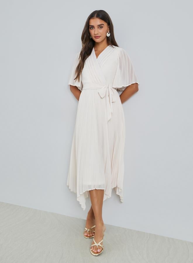 Styli Cream Pleated Midi Dress with Tie-Belt - Image 3