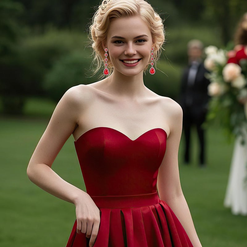 BriLove Wedding Bridal Dangle Earrings for Women Elegant Crystal Teardrop Chandelier Jewelry for Party Prom Accessories Ruby Color Silver-Tone - Image 3