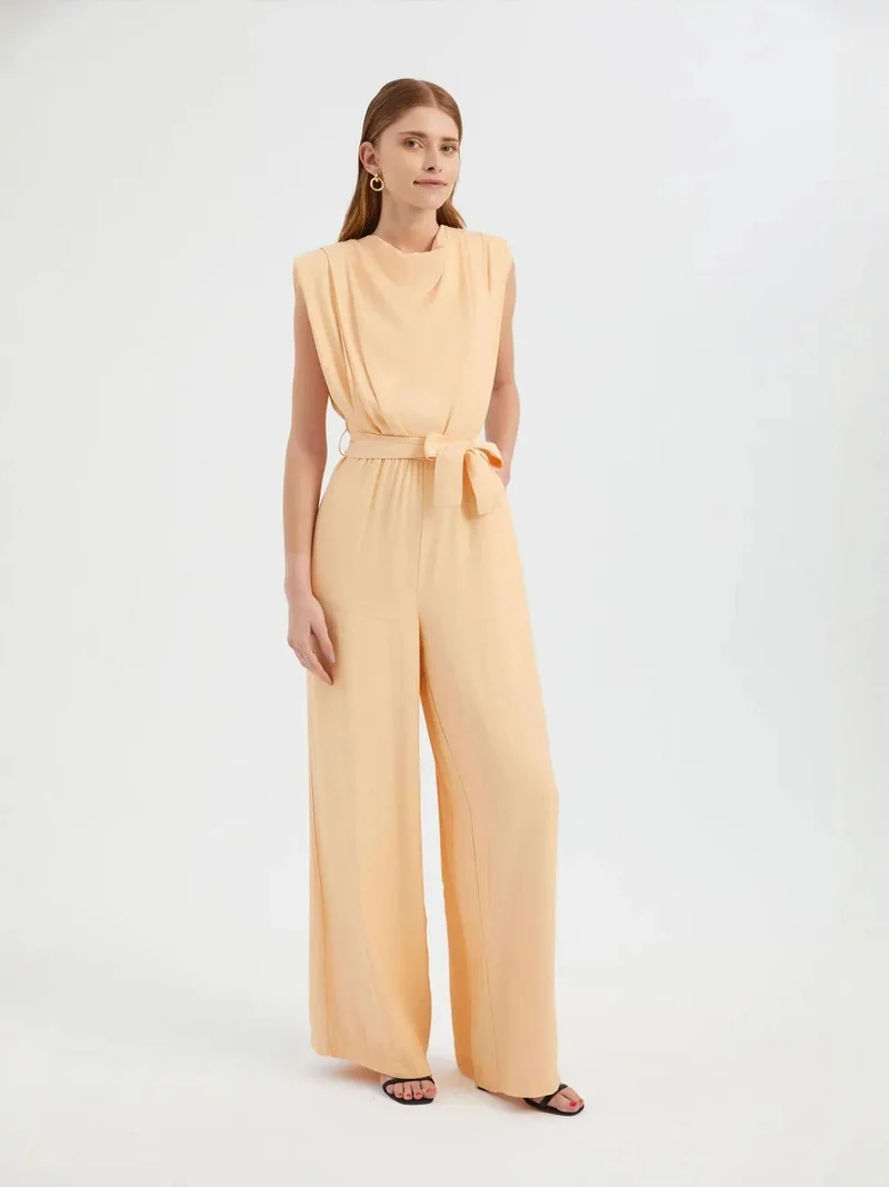 Crew Neck Wide Leg Jumpsuit with a Belt Detail