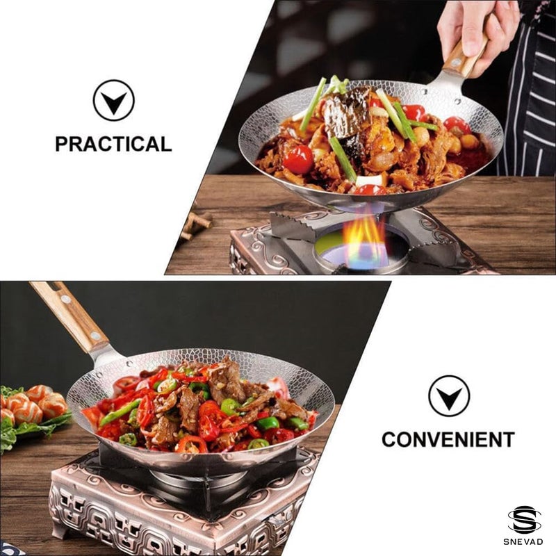 Snevad Stainless Steel Round Tawa NonStick Wok Frying Pan with Wood Handle Traditional Chinese Cookware Induction Compatible Durable Stir Fry Pan for Home Cooking Cooking Pot for Gas Induction - Image 2