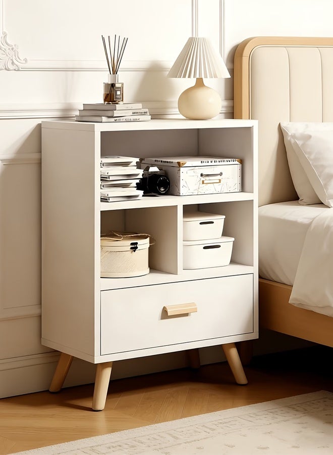 Simple Home Modern White Bedside Cabinet, Nightstand with 3 Compartments and 1 Drawer, Solid Wood Legs support, Multi-functional Space-saving Side Table Stand Cabinet for Living Room Bedroom Corridor Office - Image 1