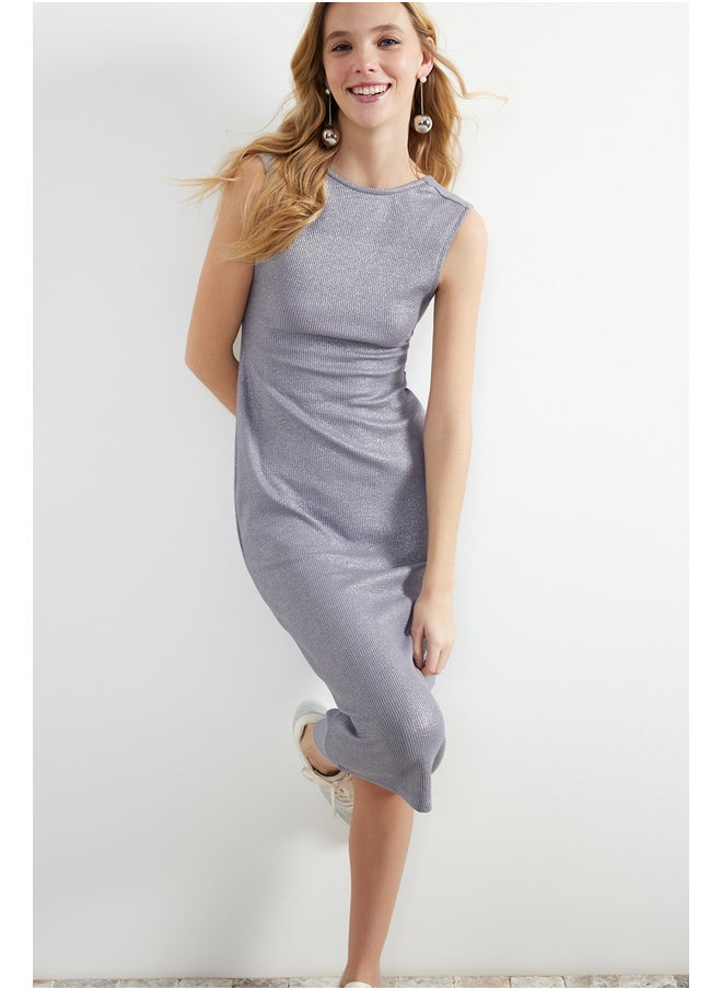 trendyol Anthracite Leather/Shiny Bodycone/Body Fitting Midi Flexible Knitted Pencil Dress TWOSS24EL00189  - Image 1